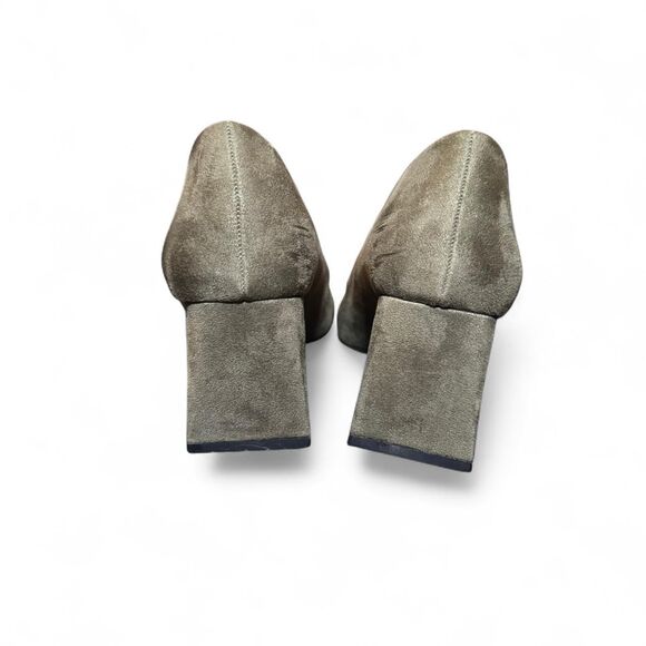 Torta Caliente 10W Faux Suede Block Heel Pumps Green Gold Bit Detail Comfort Sho - Picture 5 of 8